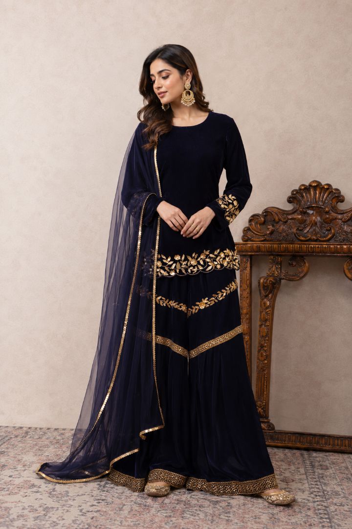 Velvet Kurti With Gharara Navy Blue